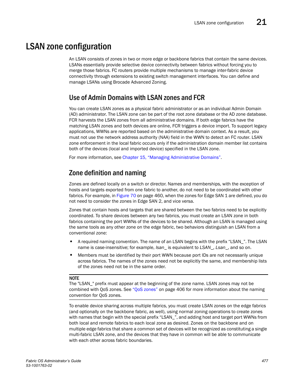 Lsan zone configuration, Use of admin domains with lsan zones and fcr, Zone definition and naming | Lsan zone, Configuration | Dell POWEREDGE M1000E User Manual | Page 517 / 586