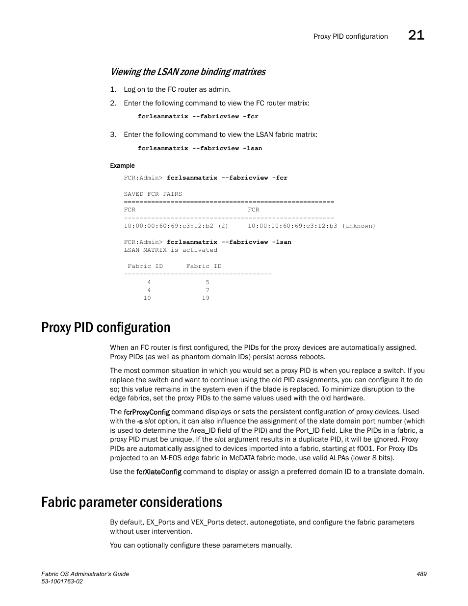Proxy pid configuration, Fabric parameter considerations, Viewing the lsan zone binding matrixes | Dell POWEREDGE M1000E User Manual | Page 529 / 586