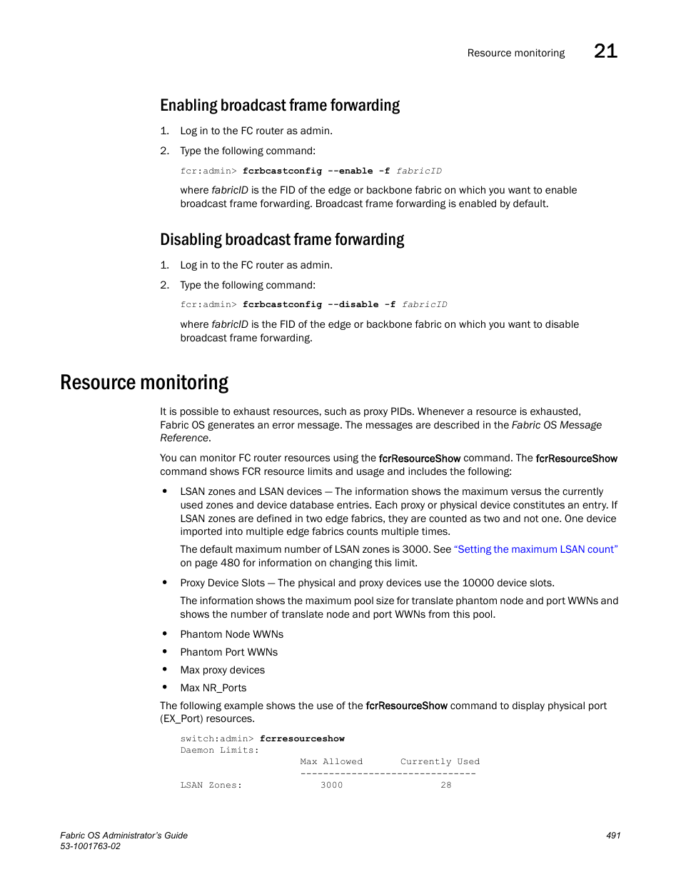 Enabling broadcast frame forwarding, Disabling broadcast frame forwarding, Resource monitoring | Dell POWEREDGE M1000E User Manual | Page 531 / 586