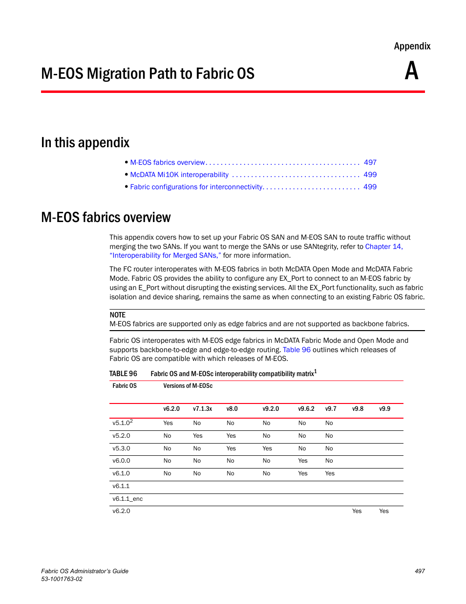 M-eos migration path to fabric os, In this appendix, M-eos fabrics overview | Appendix a, Table 96, Appendix a, “m-eos migration path to fabric os, Appendix | Dell POWEREDGE M1000E User Manual | Page 537 / 586