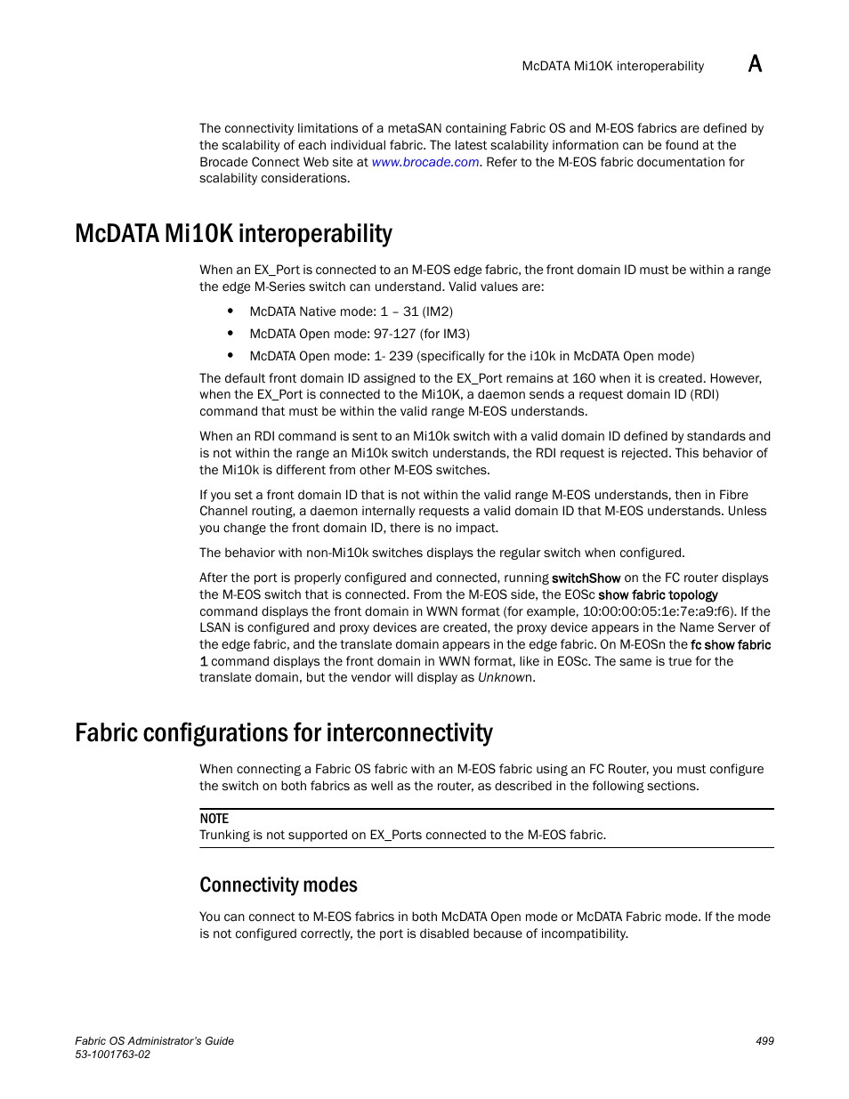 Mcdata mi10k interoperability, Fabric configurations for interconnectivity, Connectivity modes | Dell POWEREDGE M1000E User Manual | Page 539 / 586