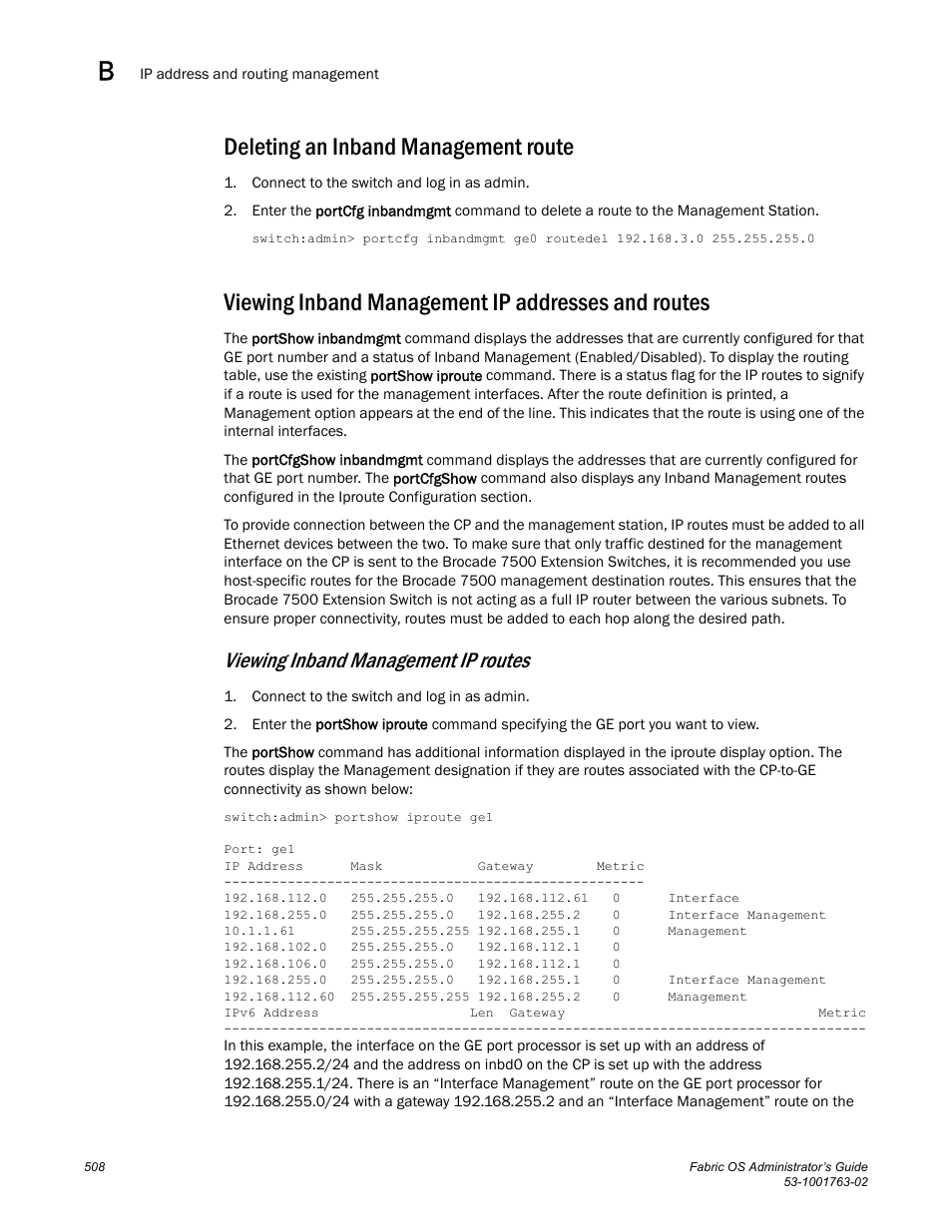 Deleting an inband management route, Viewing inband management ip addresses and routes, Viewing inband management ip routes | Dell POWEREDGE M1000E User Manual | Page 548 / 586