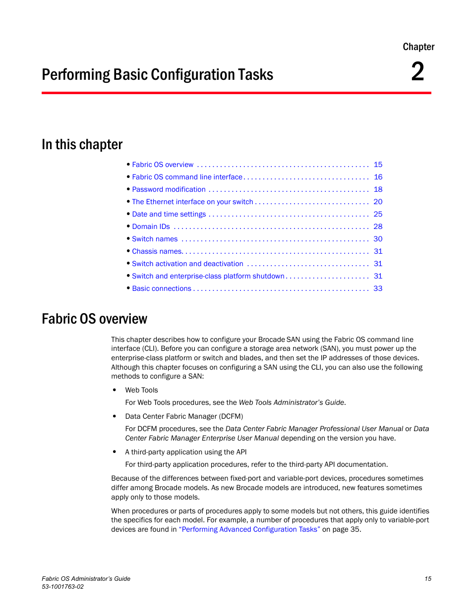 Performing basic configuration tasks, In this chapter, Fabric os overview | Chapter 2, Chapter 2, “performing basic configuration tasks | Dell POWEREDGE M1000E User Manual | Page 55 / 586