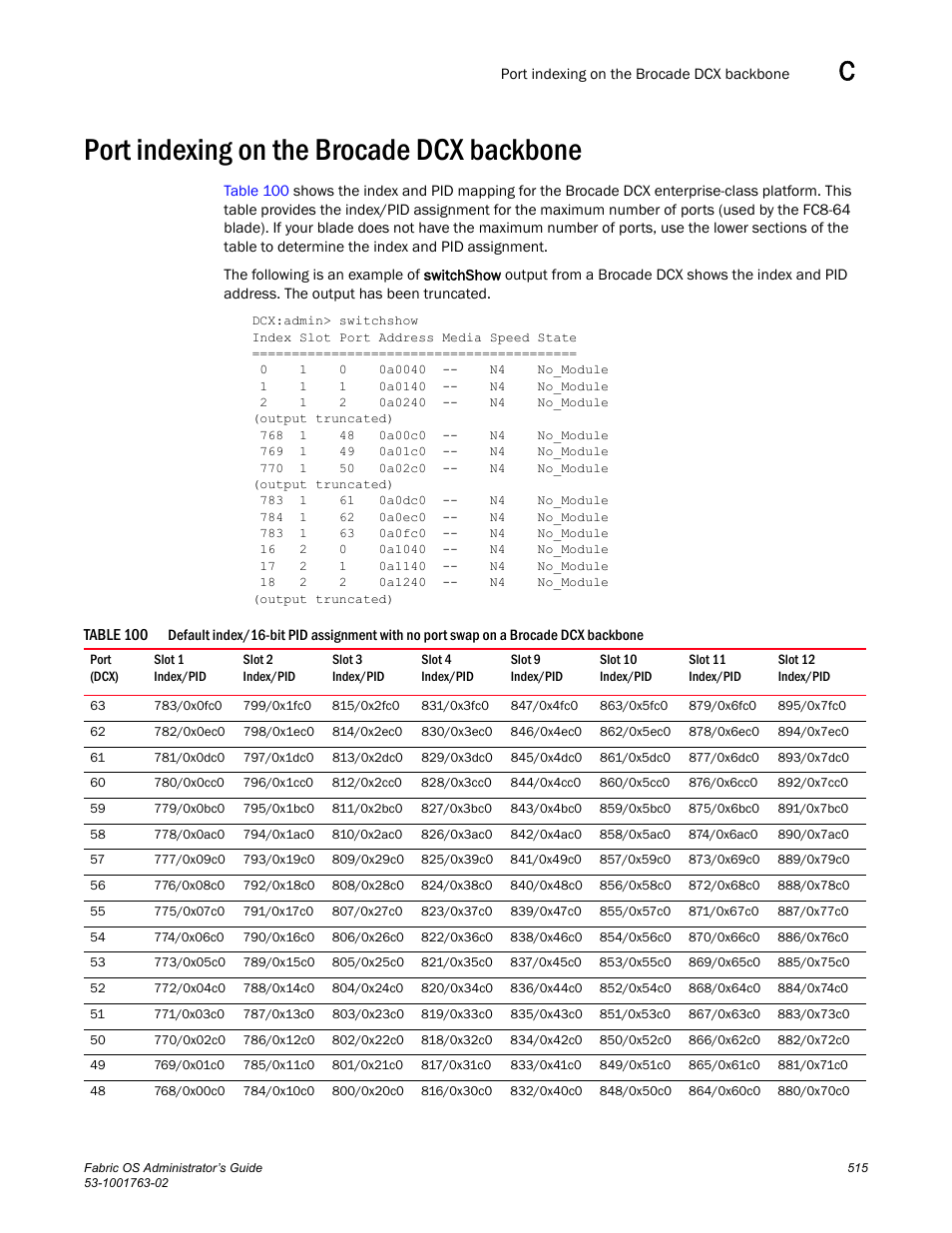 Port indexing on the brocade dcx backbone, Table 100 | Dell POWEREDGE M1000E User Manual | Page 555 / 586