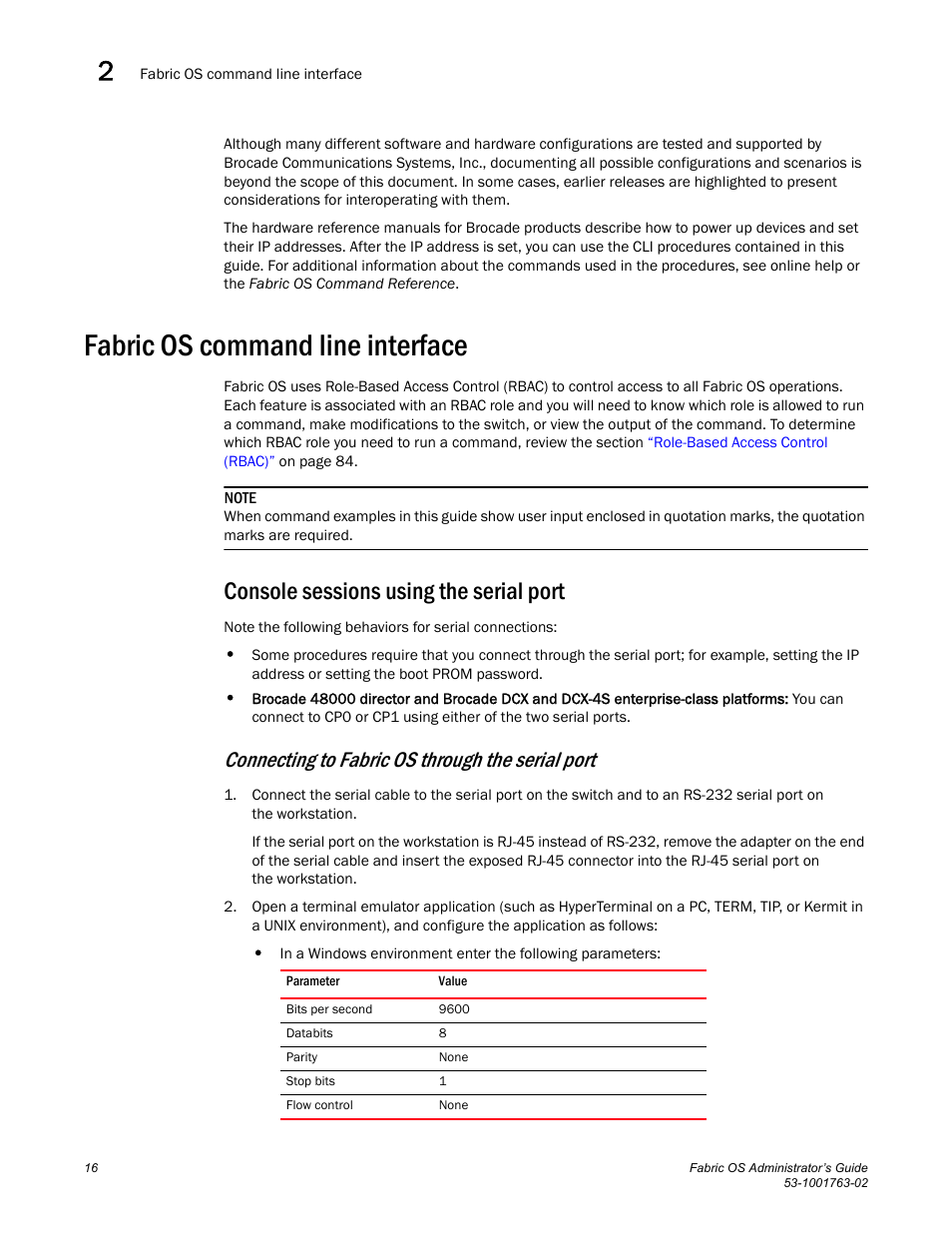 Fabric os command line interface, Console sessions using the serial port, Connecting to fabric os through the serial port | Dell POWEREDGE M1000E User Manual | Page 56 / 586