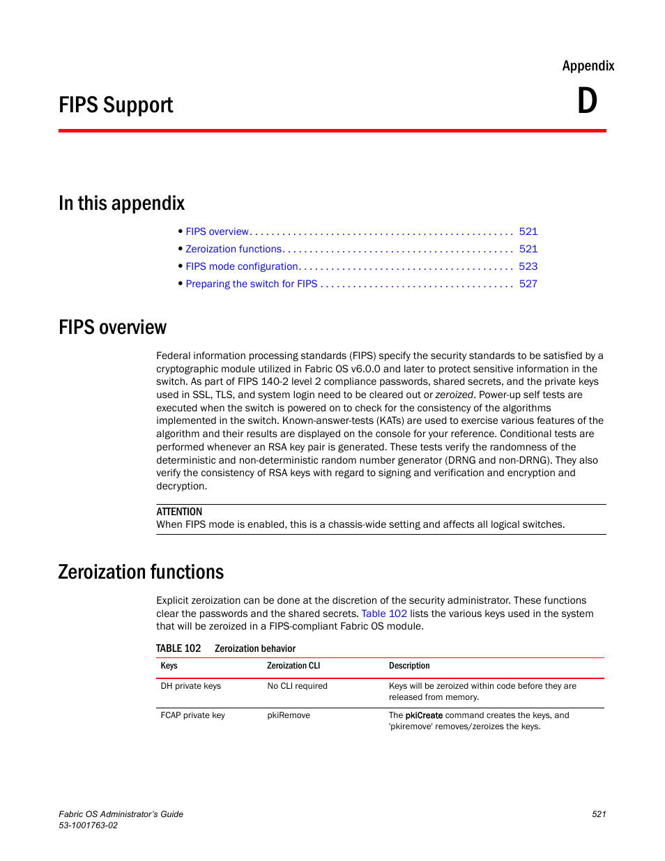 Fips support, In this appendix, Fips overview | Zeroization functions, Appendix d, Table 102 | Dell POWEREDGE M1000E User Manual | Page 561 / 586