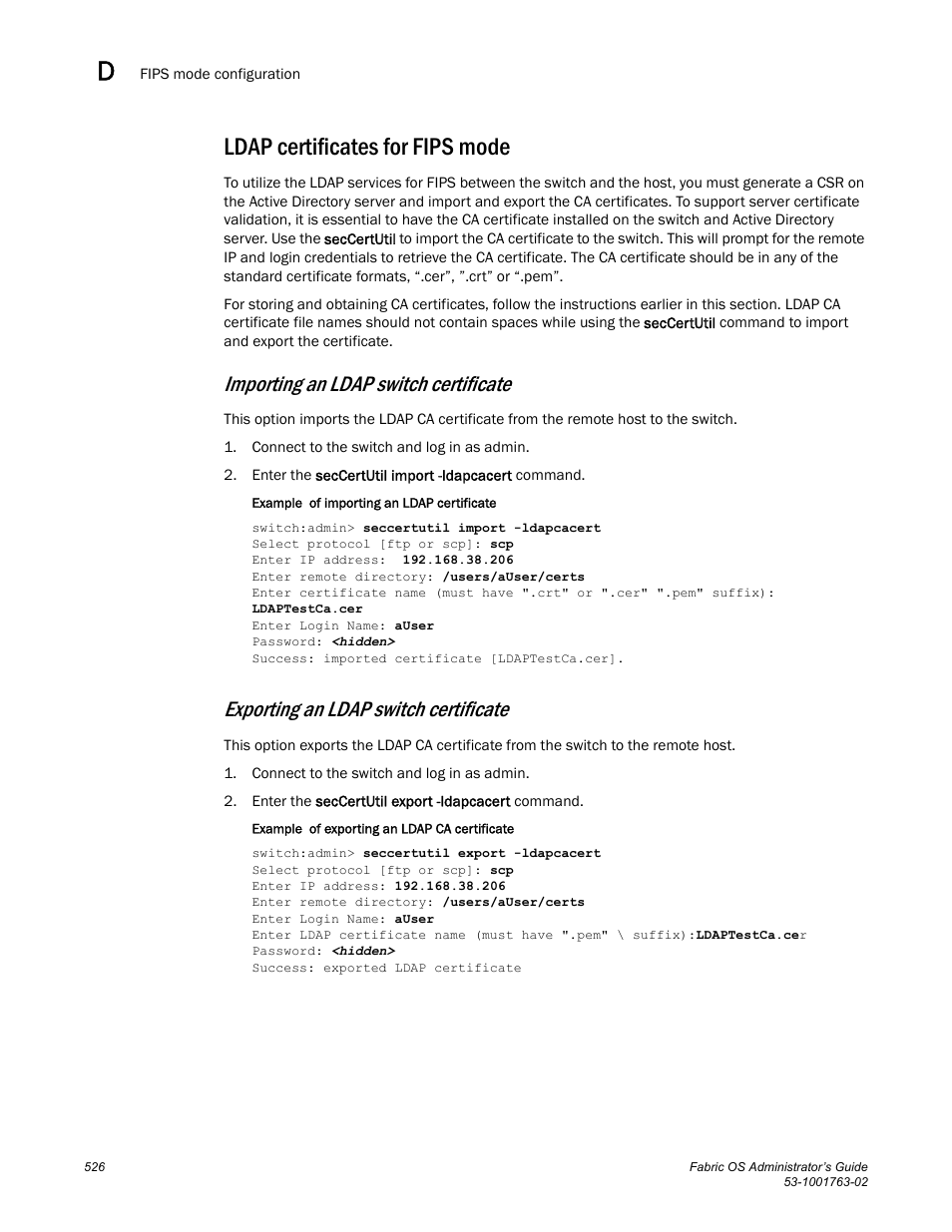 Ldap certificates for fips mode, Importing an ldap switch certificate, Exporting an ldap switch certificate | Dell POWEREDGE M1000E User Manual | Page 566 / 586