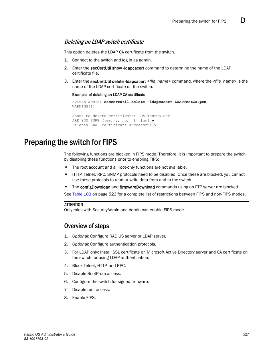 Preparing the switch for fips, Overview of steps, Deleting an ldap switch certificate | Dell POWEREDGE M1000E User Manual | Page 567 / 586