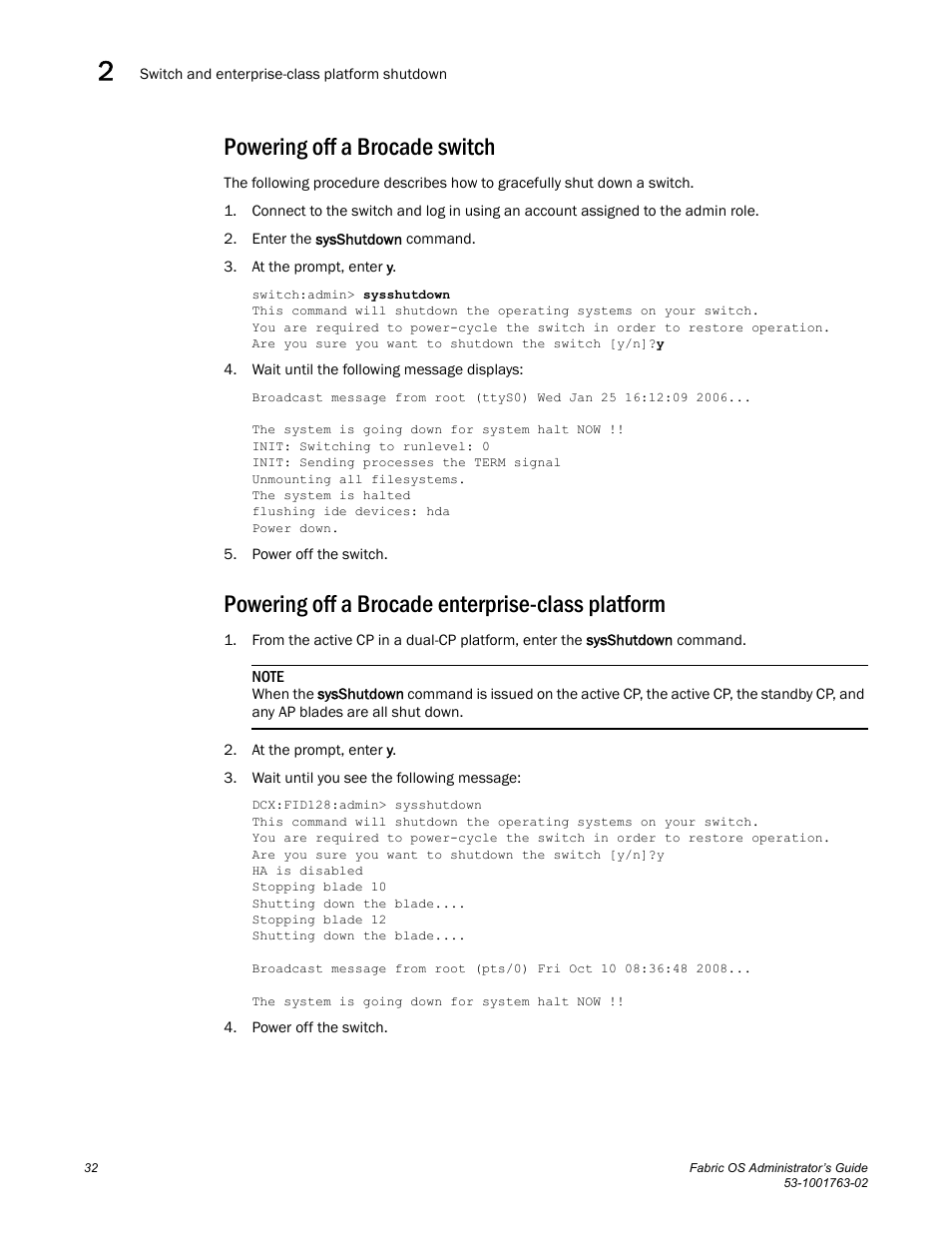 Powering off a brocade switch, Powering off a brocade enterprise-class platform | Dell POWEREDGE M1000E User Manual | Page 72 / 586