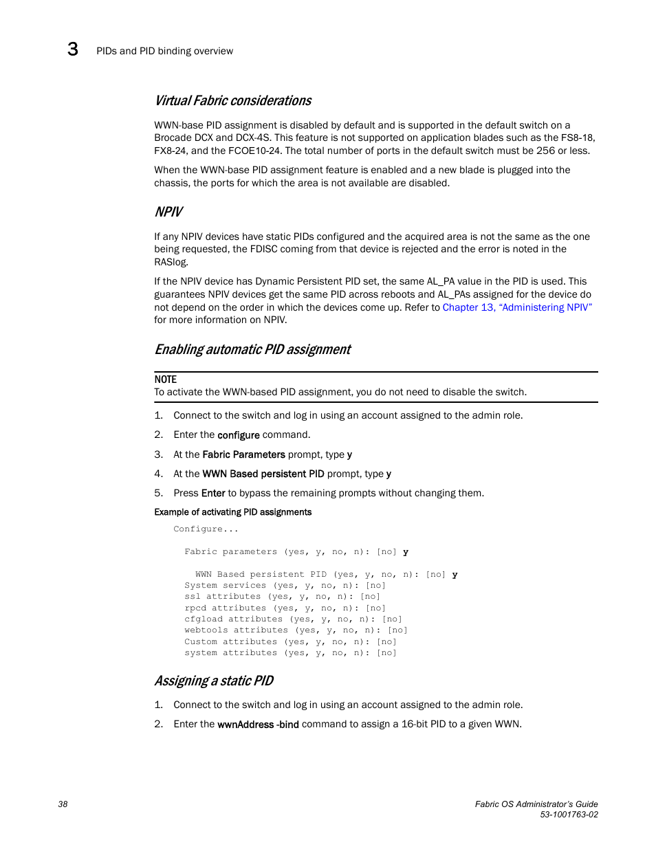 Virtual fabric considerations, Npiv, Enabling automatic pid assignment | Assigning a static pid | Dell POWEREDGE M1000E User Manual | Page 78 / 586
