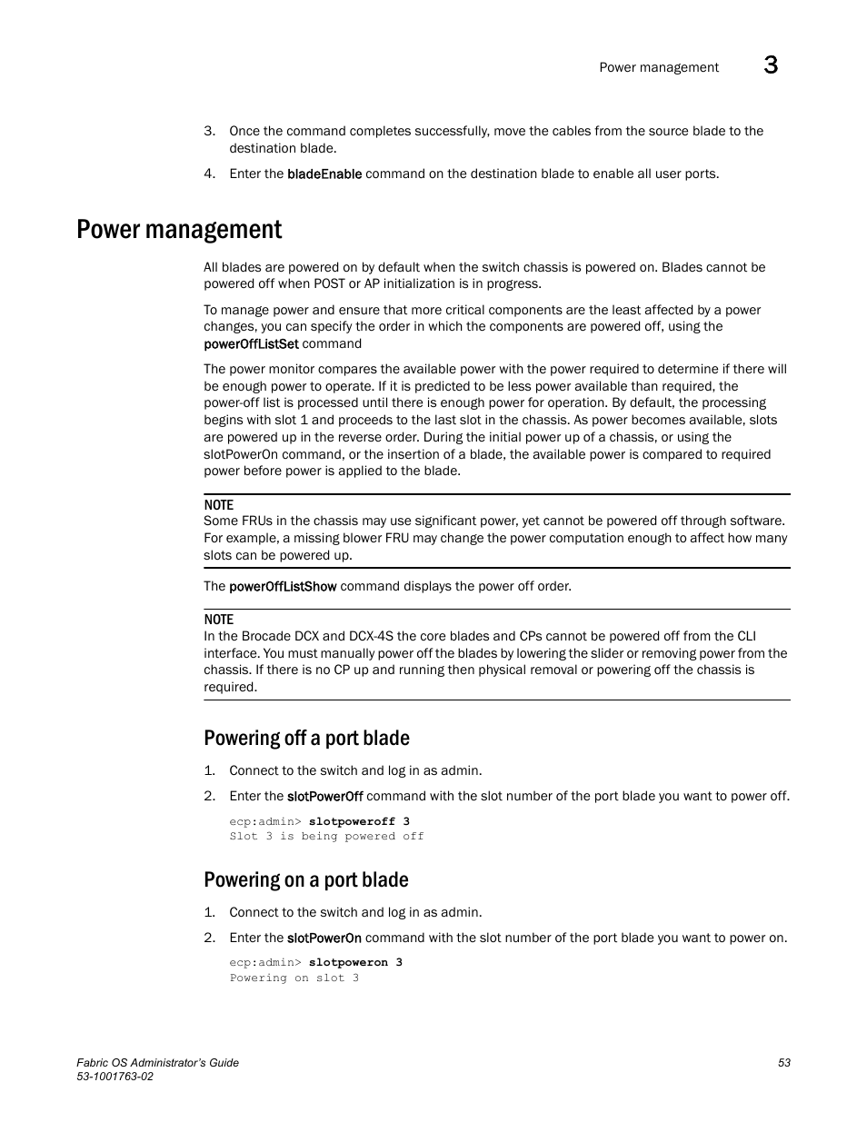 Power management, Powering off a port blade, Powering on a port blade | Dell POWEREDGE M1000E User Manual | Page 93 / 586