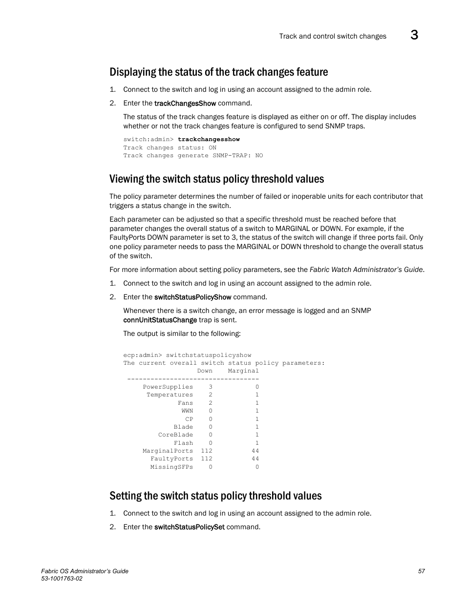 Displaying the status of the track changes feature, Viewing the switch status policy threshold values, Setting the switch status policy threshold values | Dell POWEREDGE M1000E User Manual | Page 97 / 586