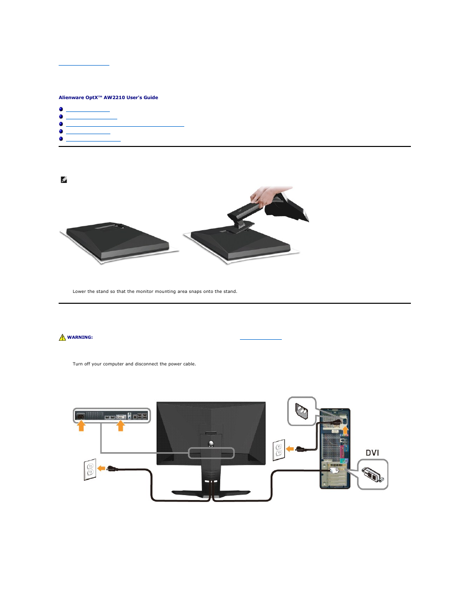 Setting up the monitor, Attaching the stand, Connecting your monitor | Dell AW2210 Monitor User Manual | Page 26 / 32