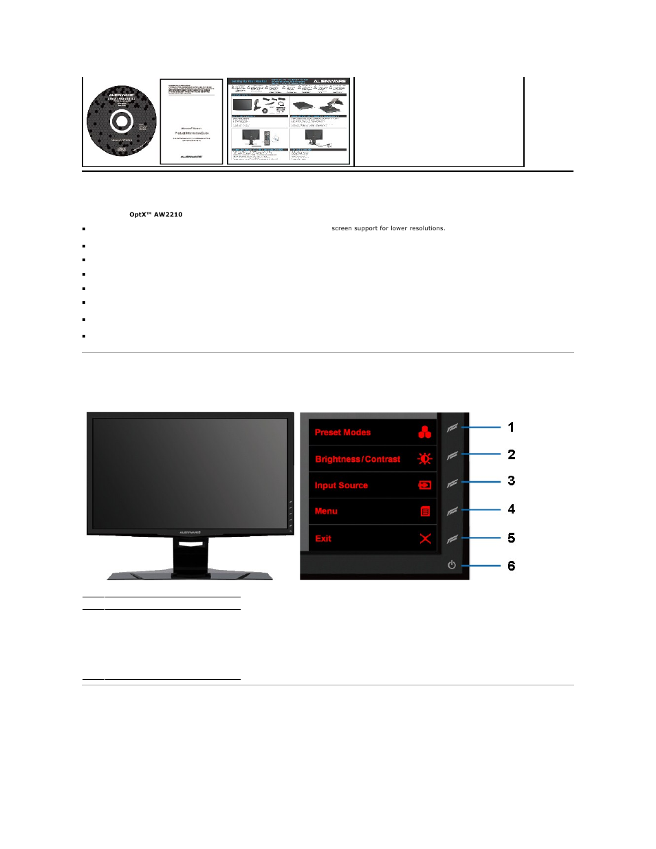 Product features, Identifying parts and controls, Front view back view | Dell AW2210 Monitor User Manual | Page 3 / 32