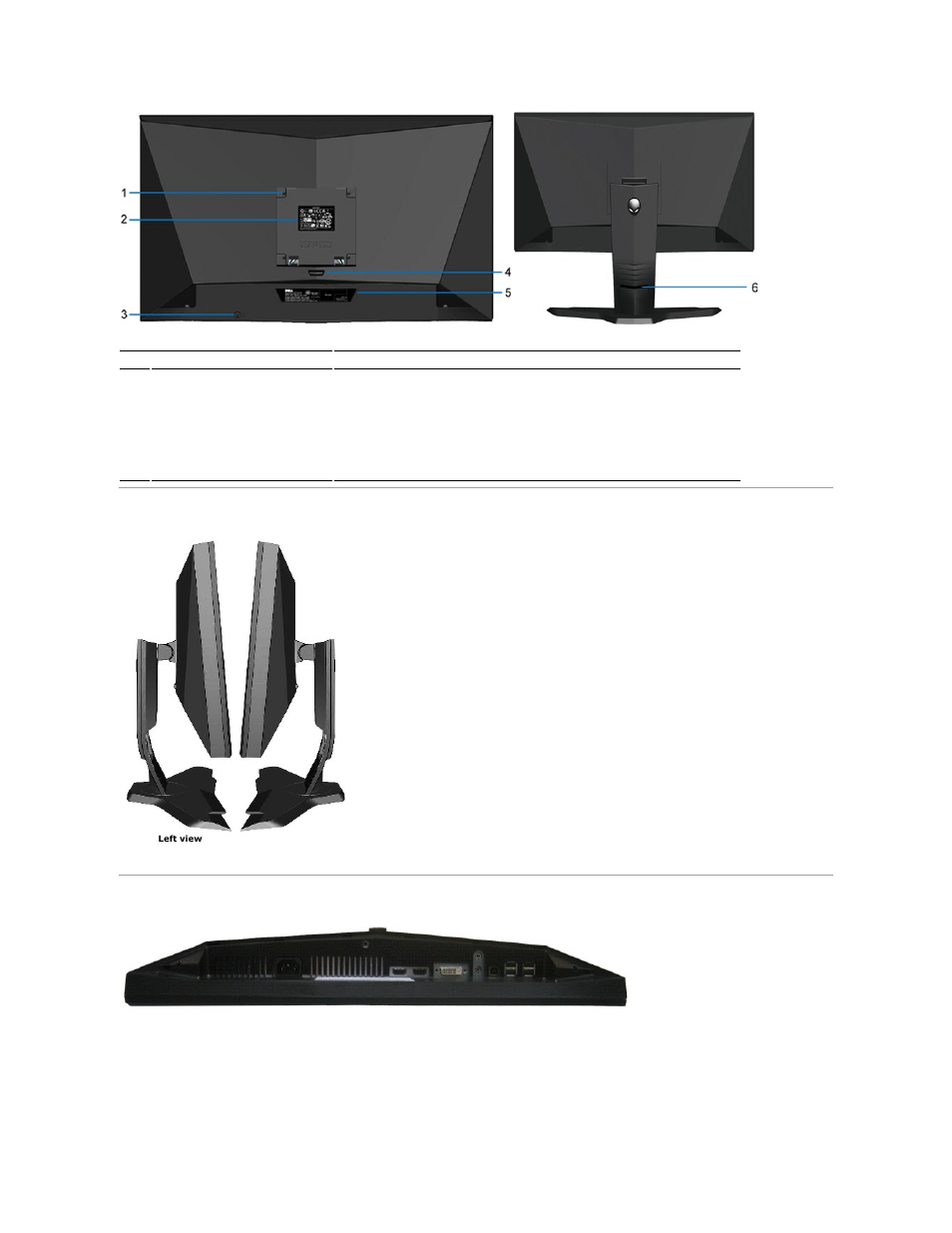 Side view, Bottom view | Dell AW2210 Monitor User Manual | Page 4 / 32