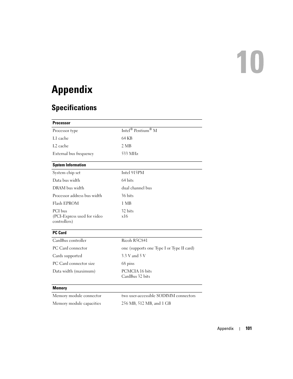 Appendix, Specifications, 10 appendix | Dell Inspiron 9300 User Manual | Page 101 / 132