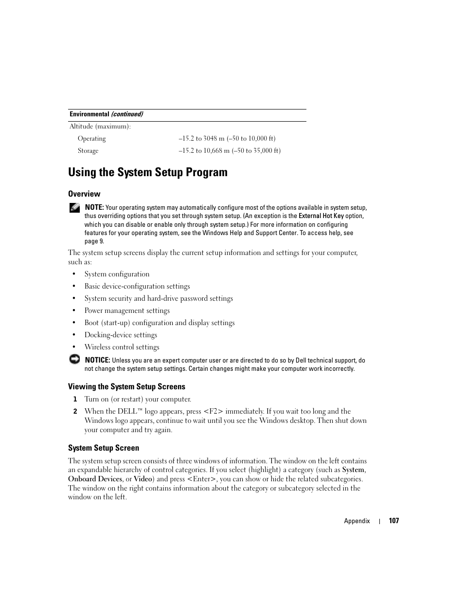 Using the system setup program, Overview, Viewing the system setup screens | System setup screen | Dell Inspiron 9300 User Manual | Page 107 / 132