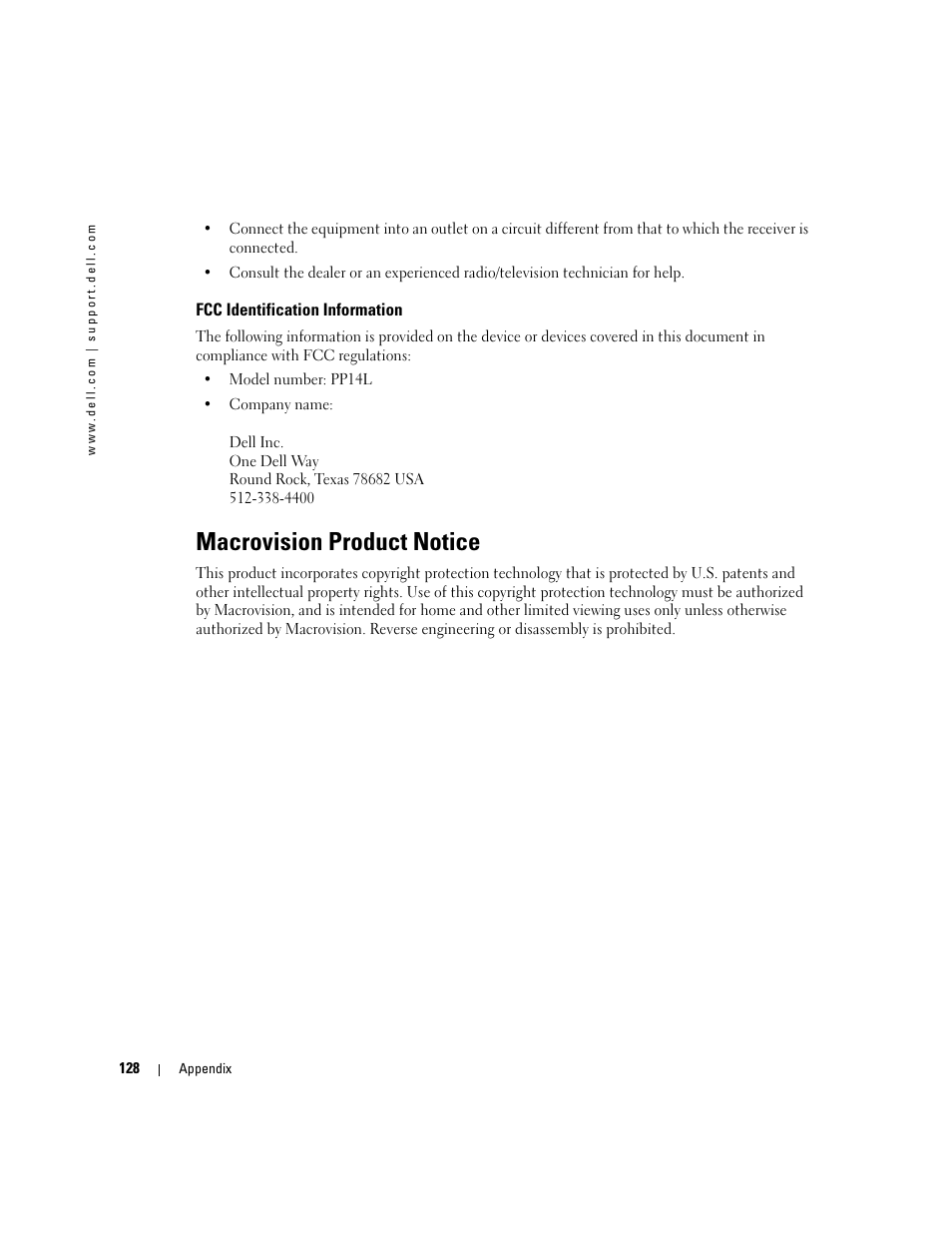 Fcc identification information, Macrovision product notice | Dell Inspiron 9300 User Manual | Page 128 / 132