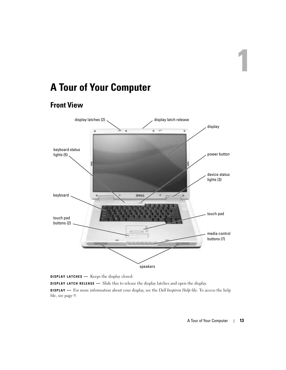 A tour of your computer, Front view | Dell Inspiron 9300 User Manual | Page 13 / 132