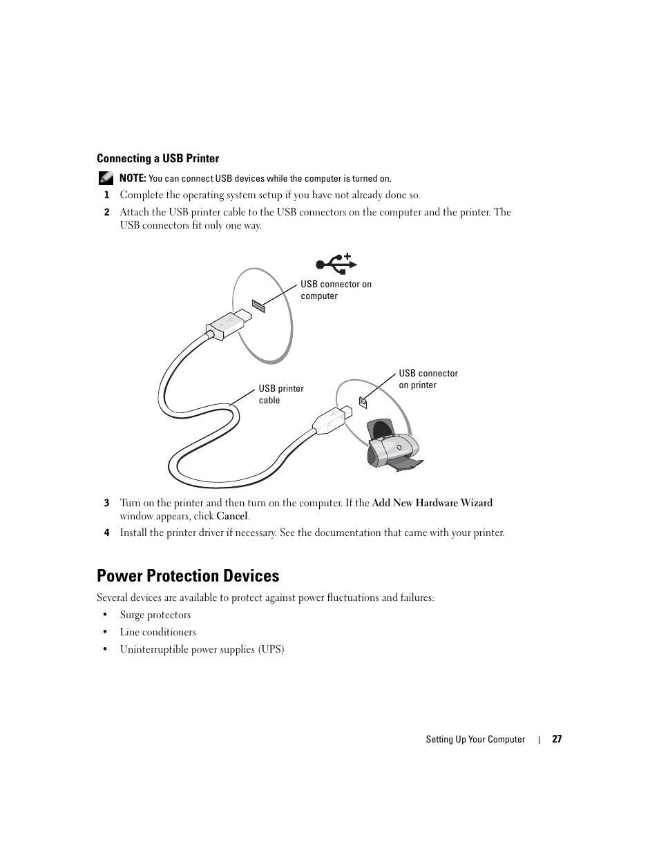 Connecting a usb printer, Power protection devices | Dell Inspiron 9300 User Manual | Page 27 / 132