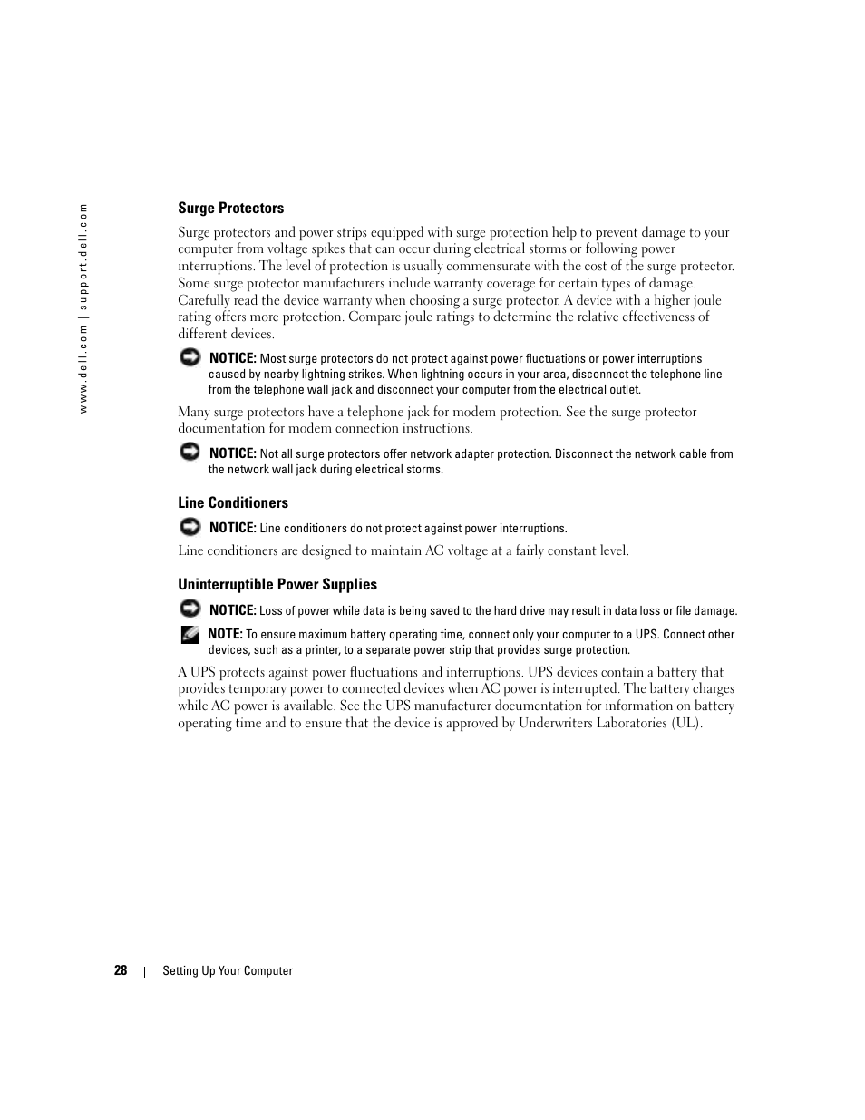 Surge protectors, Line conditioners, Uninterruptible power supplies | Dell Inspiron 9300 User Manual | Page 28 / 132