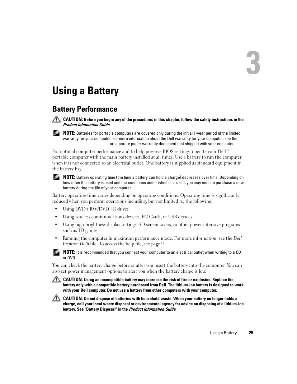 Using a battery, Battery performance | Dell Inspiron 9300 User Manual | Page 29 / 132