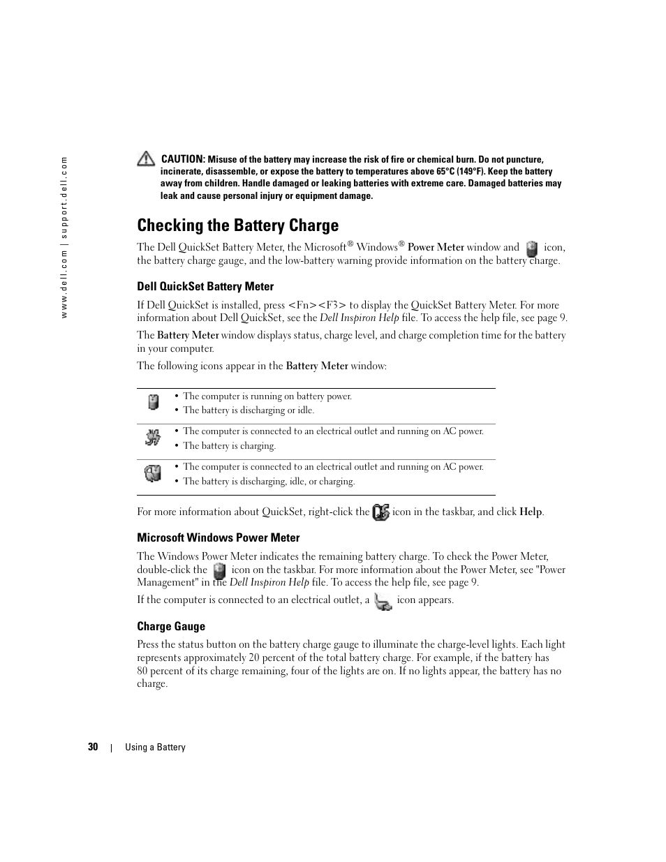 Checking the battery charge, Dell quickset battery meter, Microsoft windows power meter | Charge gauge | Dell Inspiron 9300 User Manual | Page 30 / 132