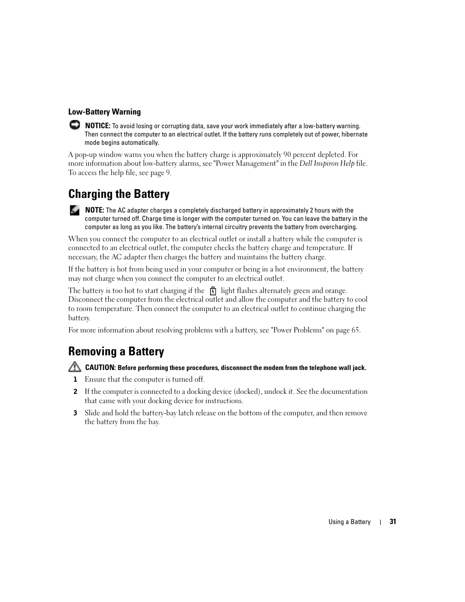 Low-battery warning, Charging the battery, Removing a battery | Ge is low | Dell Inspiron 9300 User Manual | Page 31 / 132