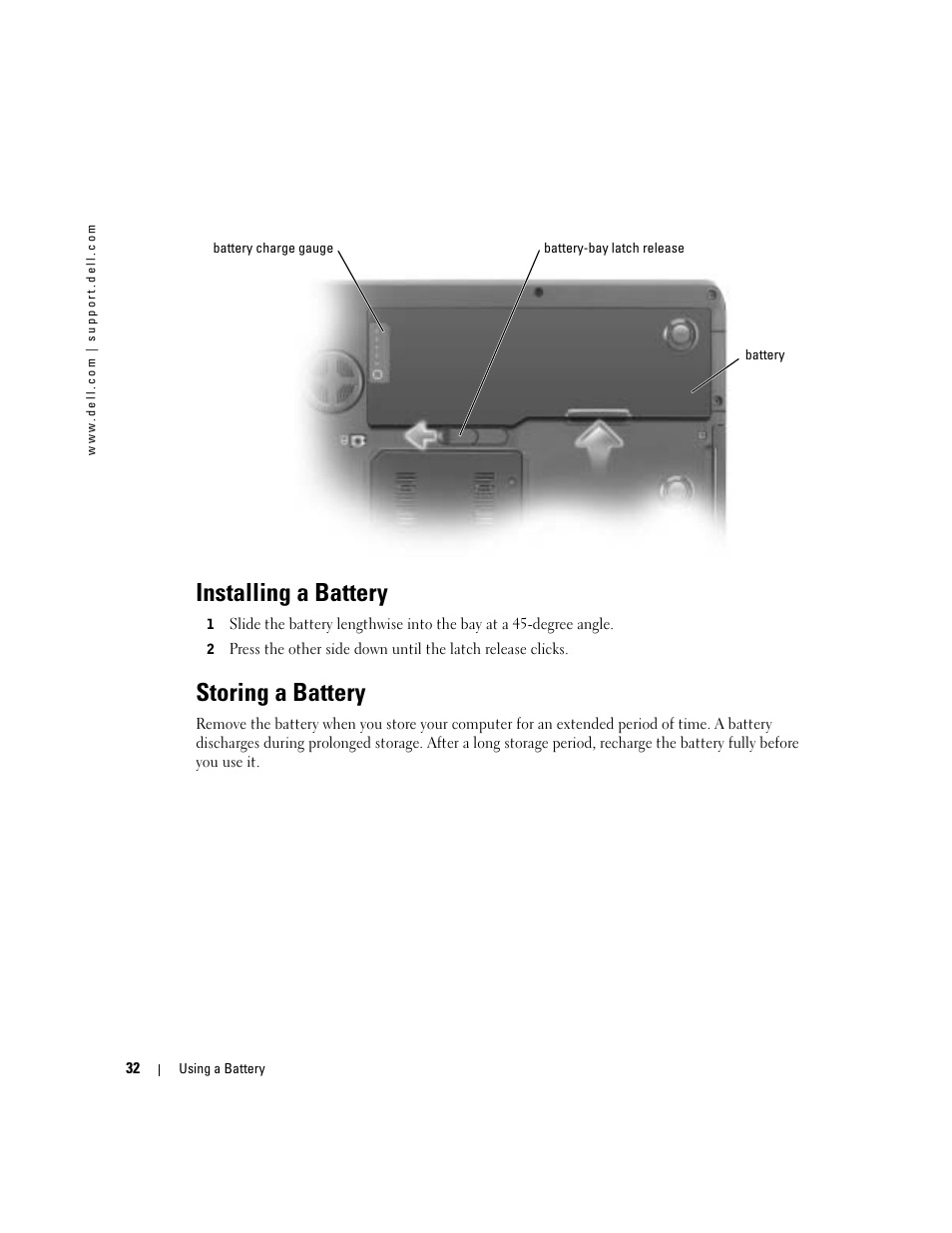 Installing a battery, Storing a battery | Dell Inspiron 9300 User Manual | Page 32 / 132