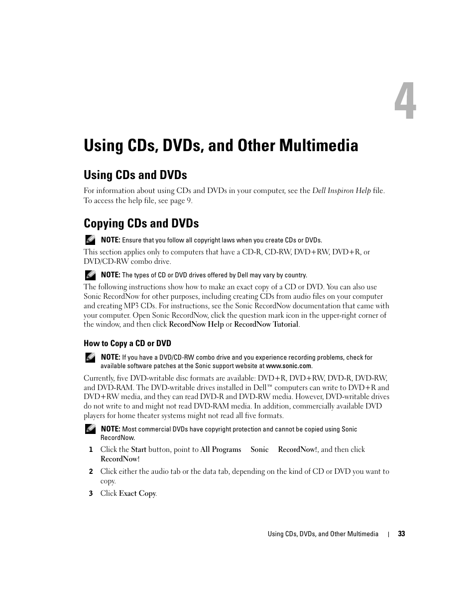 Using cds, dvds, and other multimedia, Using cds and dvds, Copying cds and dvds | How to copy a cd or dvd | Dell Inspiron 9300 User Manual | Page 33 / 132