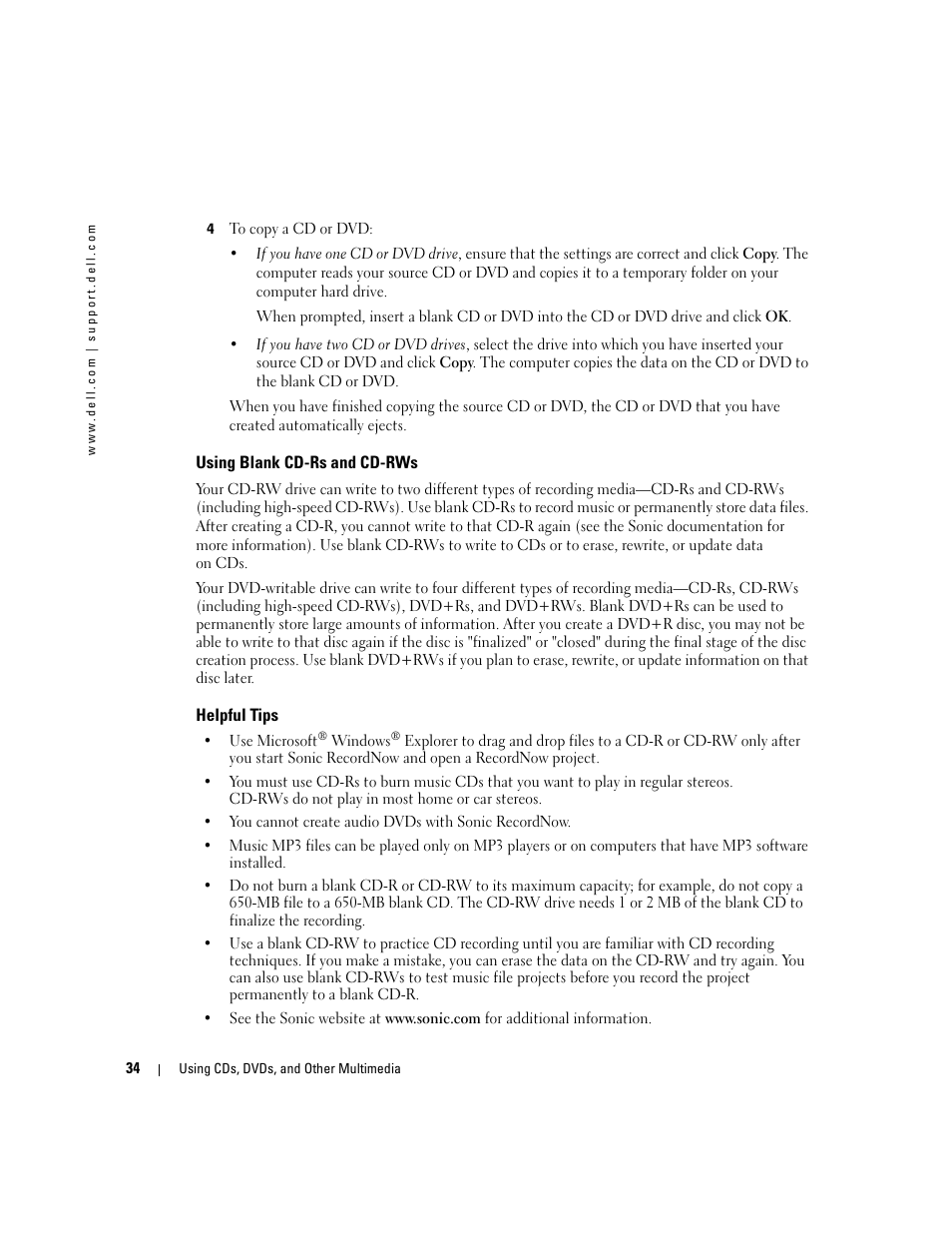 Using blank cd-rs and cd-rws, Helpful tips | Dell Inspiron 9300 User Manual | Page 34 / 132