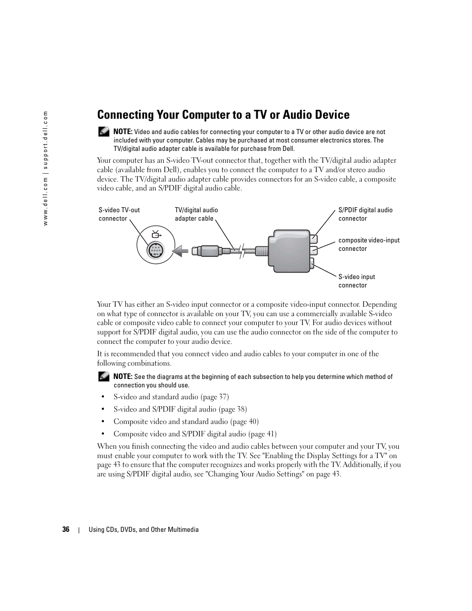 Connecting your computer to a tv or audio device | Dell Inspiron 9300 User Manual | Page 36 / 132