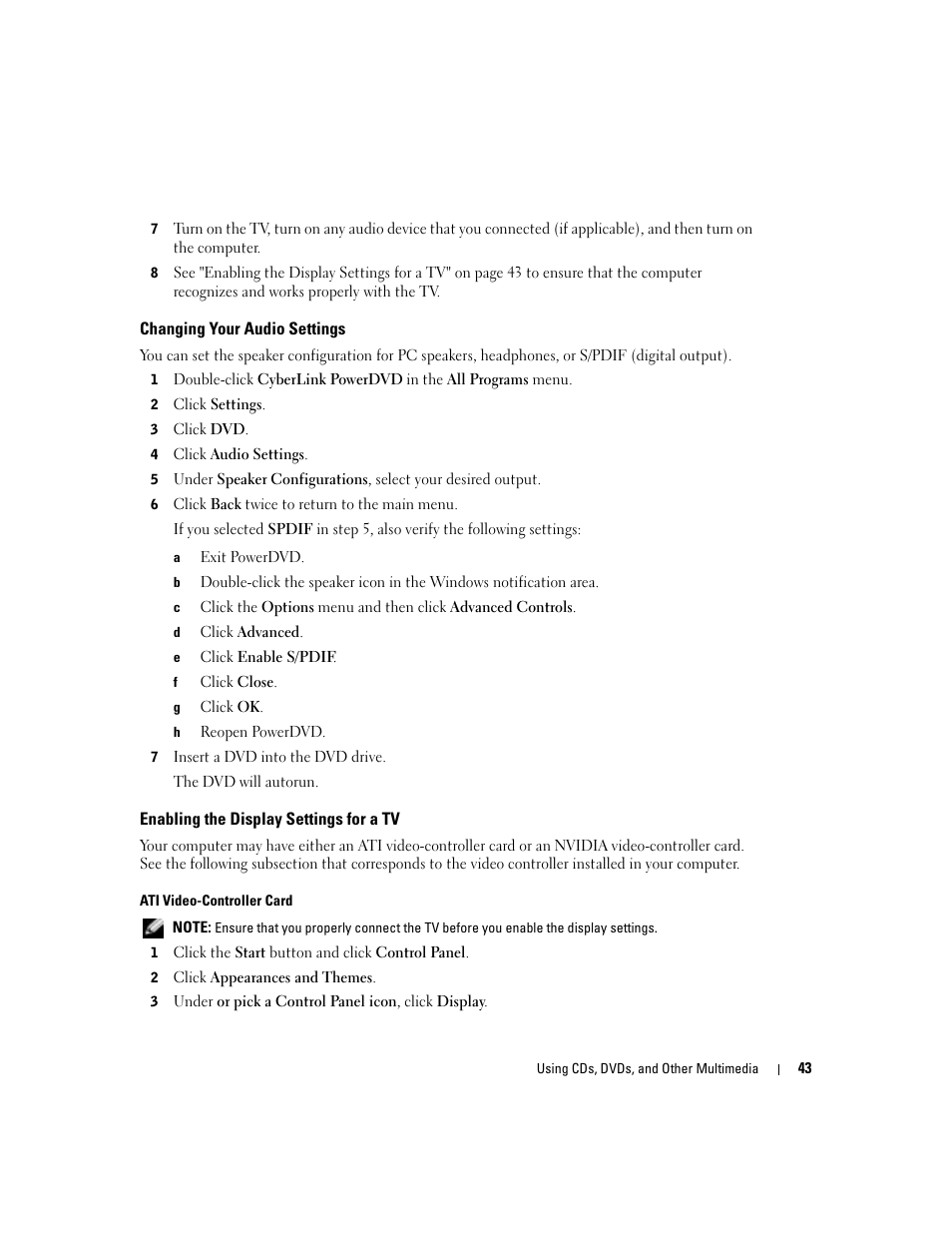 Changing your audio settings, Enabling the display settings for a tv | Dell Inspiron 9300 User Manual | Page 43 / 132