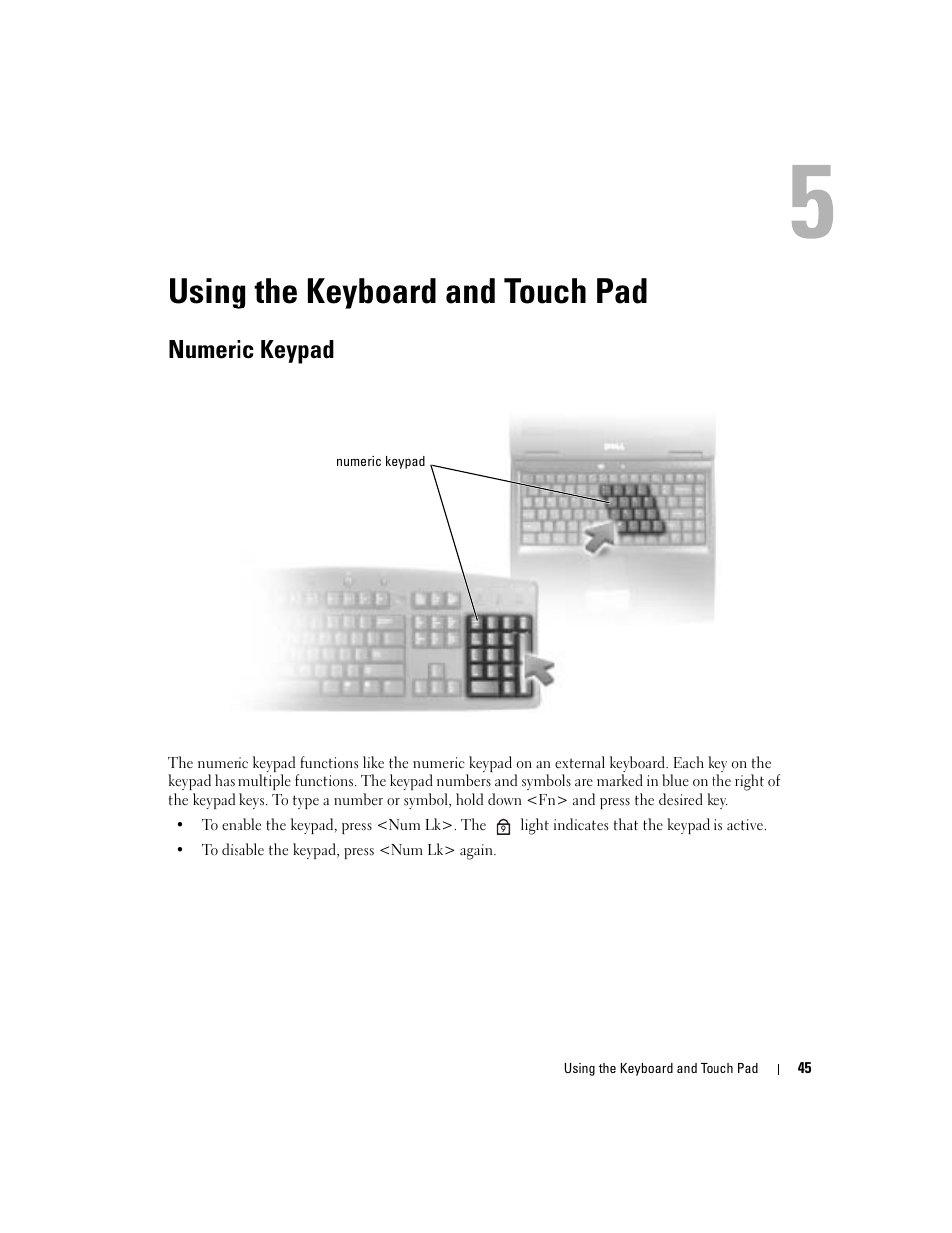 Using the keyboard and touch pad, Numeric keypad | Dell Inspiron 9300 User Manual | Page 45 / 132