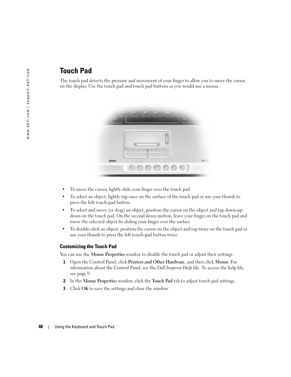 Touch pad, Customizing the touch pad | Dell Inspiron 9300 User Manual | Page 48 / 132