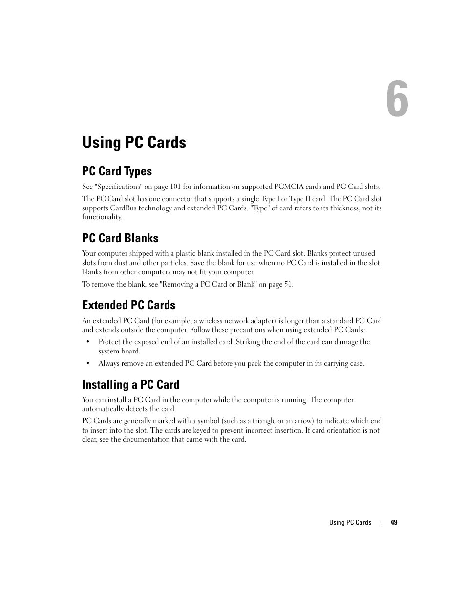 Using pc cards, Pc card types, Pc card blanks | Extended pc cards, Installing a pc card | Dell Inspiron 9300 User Manual | Page 49 / 132