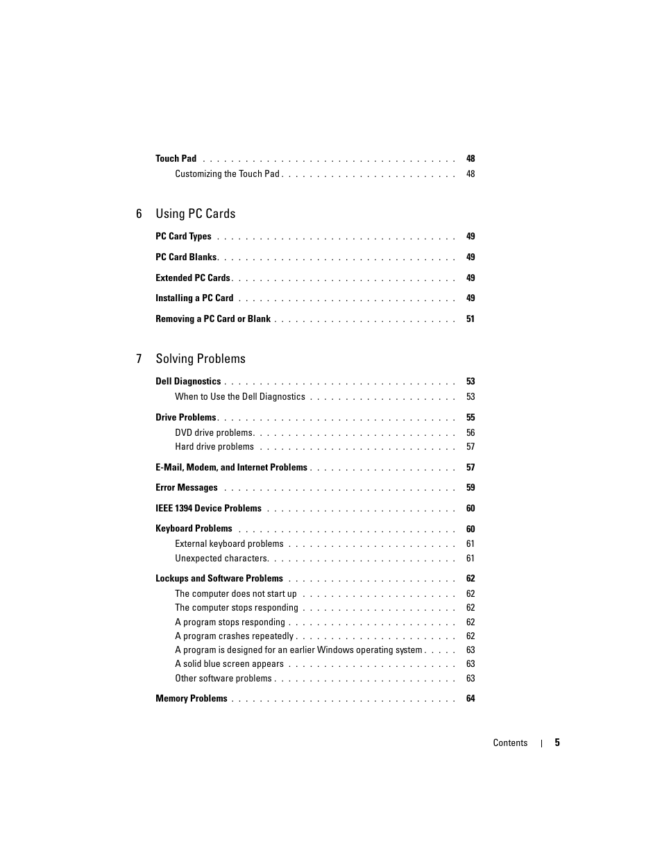 6using pc cards, 7solving problems | Dell Inspiron 9300 User Manual | Page 5 / 132