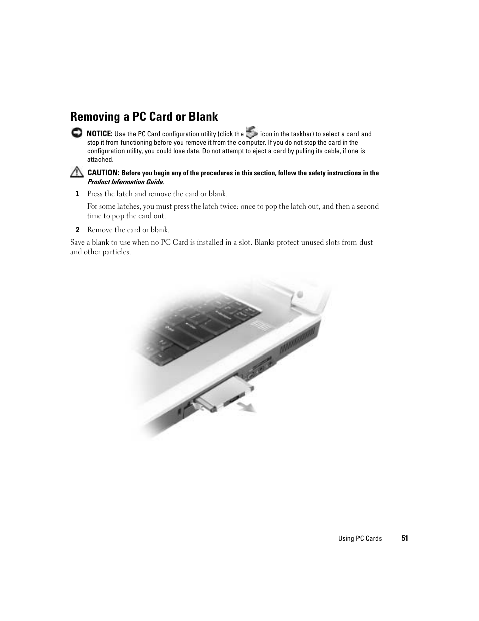 Removing a pc card or blank | Dell Inspiron 9300 User Manual | Page 51 / 132