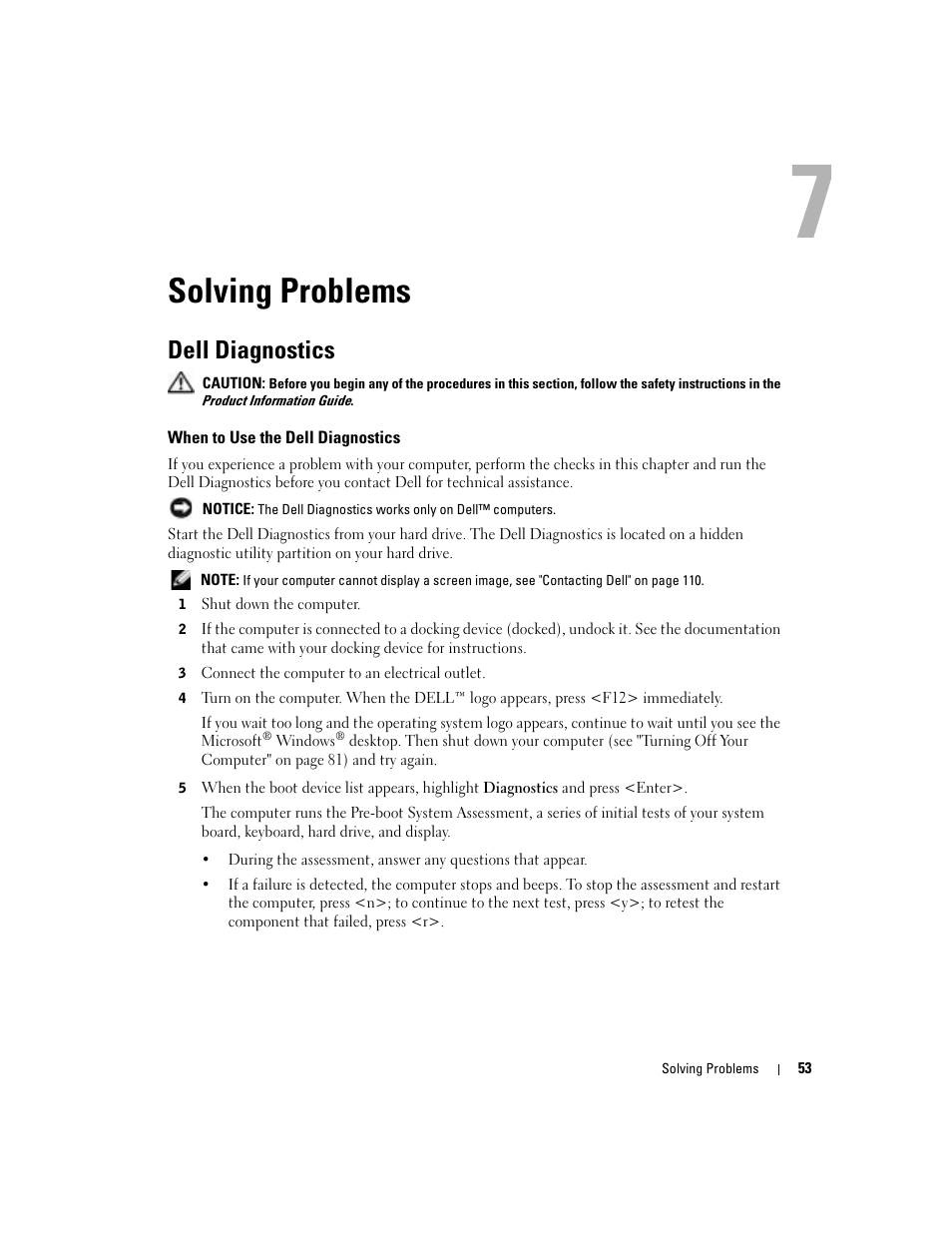 Solving problems, Dell diagnostics, When to use the dell diagnostics | Dell Inspiron 9300 User Manual | Page 53 / 132