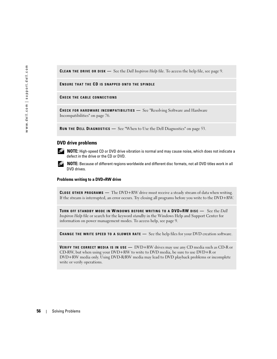 Dvd drive problems | Dell Inspiron 9300 User Manual | Page 56 / 132