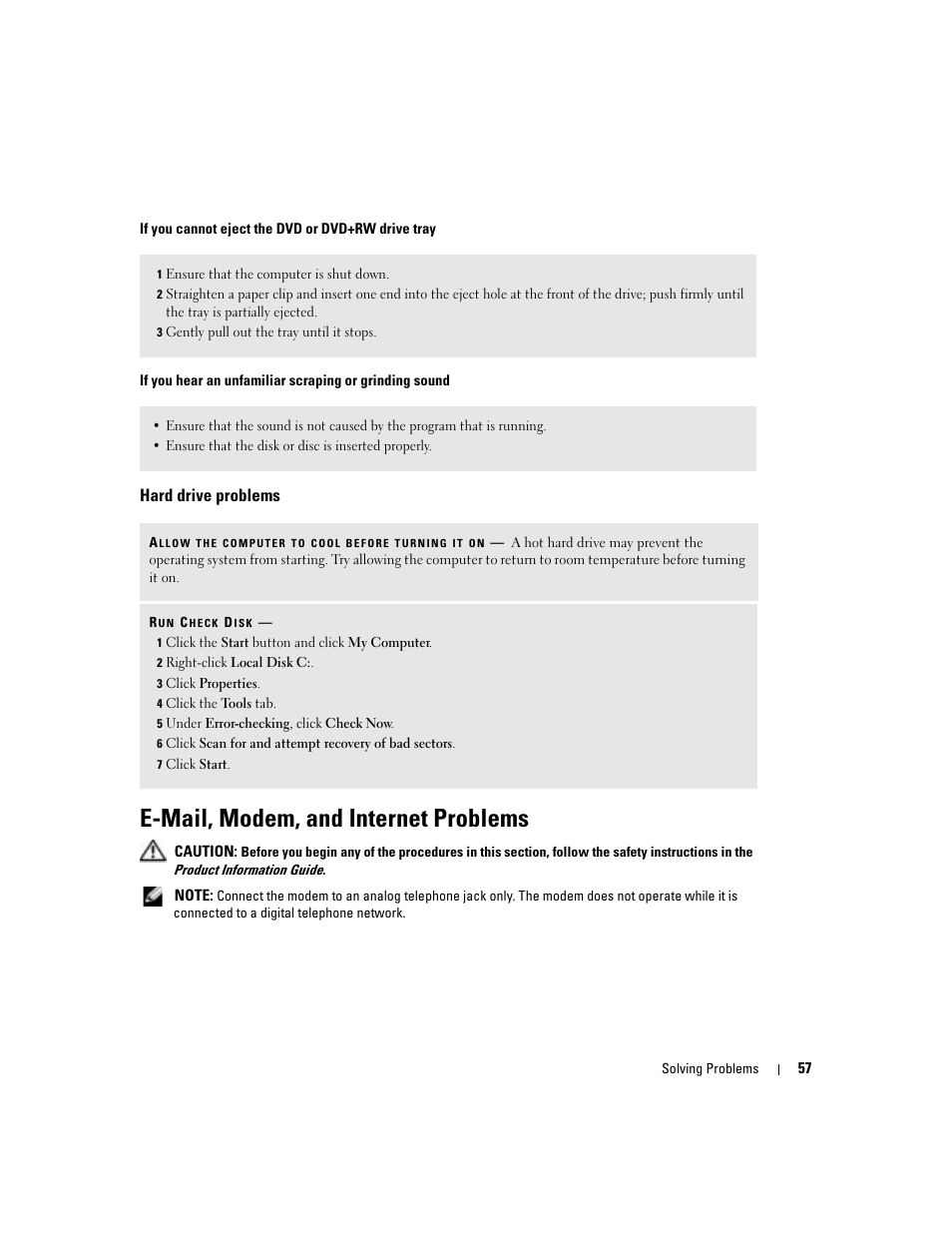 Hard drive problems, E-mail, modem, and internet problems | Dell Inspiron 9300 User Manual | Page 57 / 132