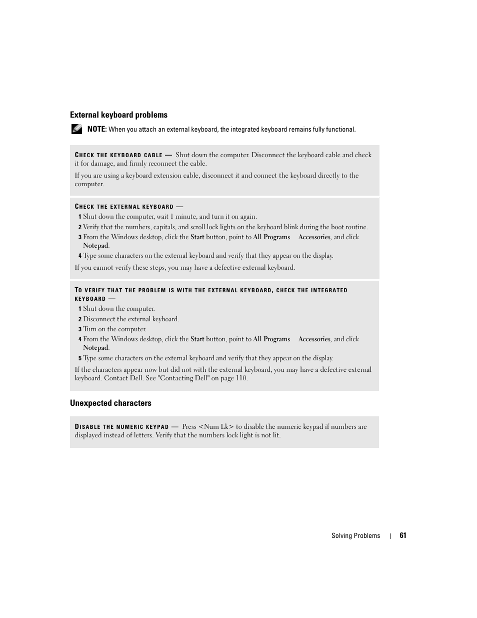 External keyboard problems, Unexpected characters | Dell Inspiron 9300 User Manual | Page 61 / 132