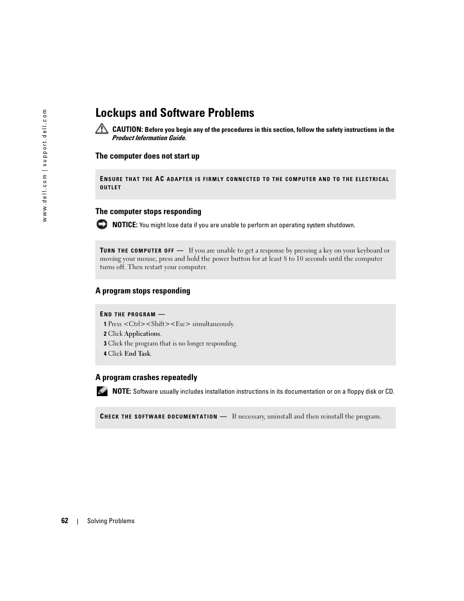 Lockups and software problems, The computer does not start up, The computer stops responding | A program stops responding, A program crashes repeatedly | Dell Inspiron 9300 User Manual | Page 62 / 132