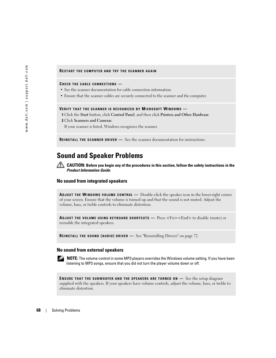 Sound and speaker problems, No sound from integrated speakers, No sound from external speakers | Dell Inspiron 9300 User Manual | Page 68 / 132