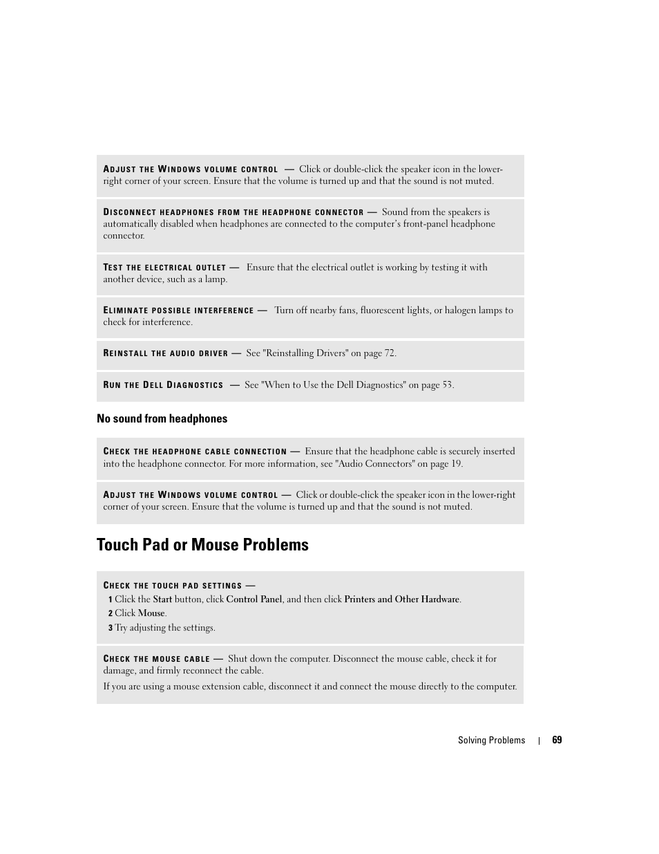 No sound from headphones, Touch pad or mouse problems | Dell Inspiron 9300 User Manual | Page 69 / 132