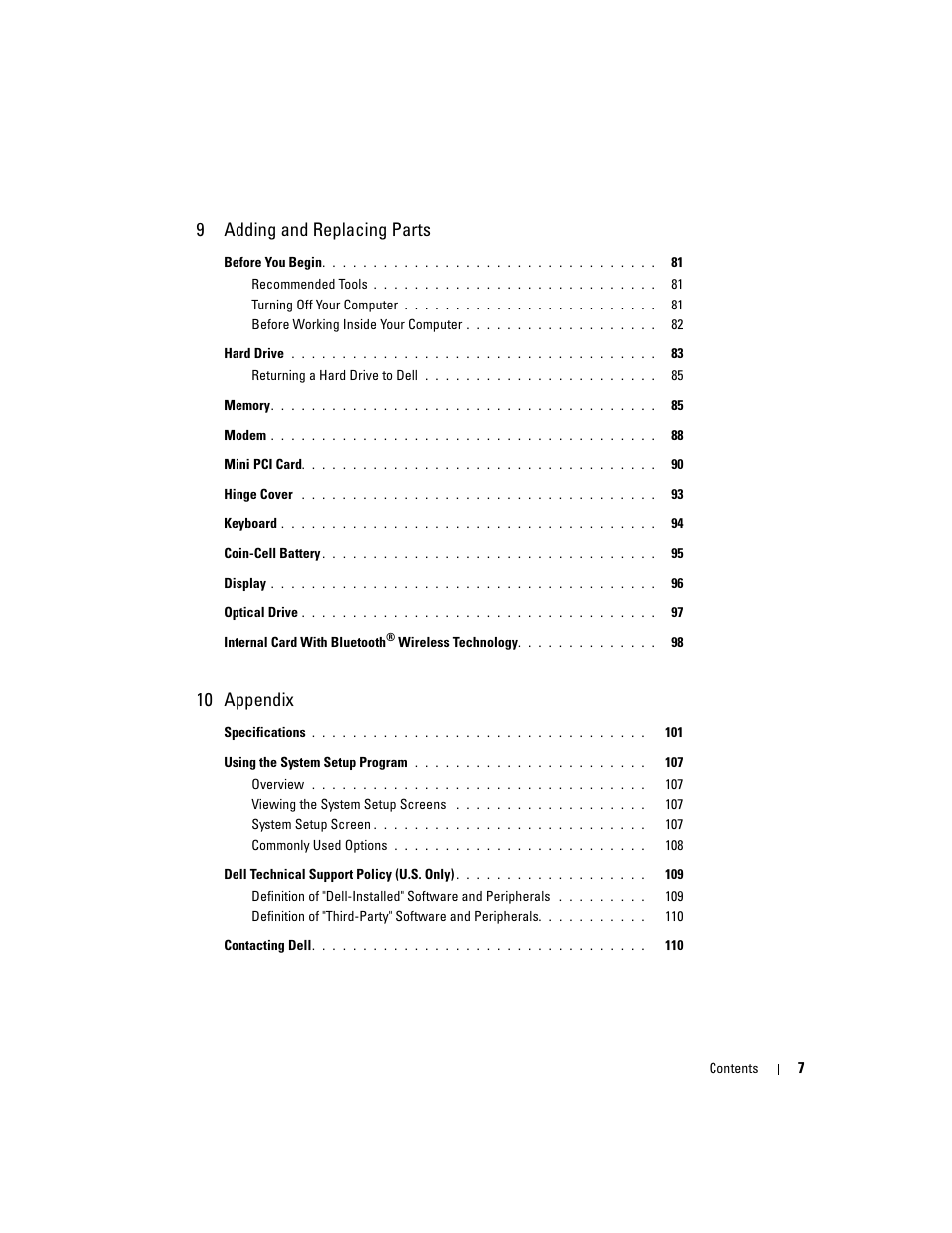 9adding and replacing parts, 10 appendix | Dell Inspiron 9300 User Manual | Page 7 / 132