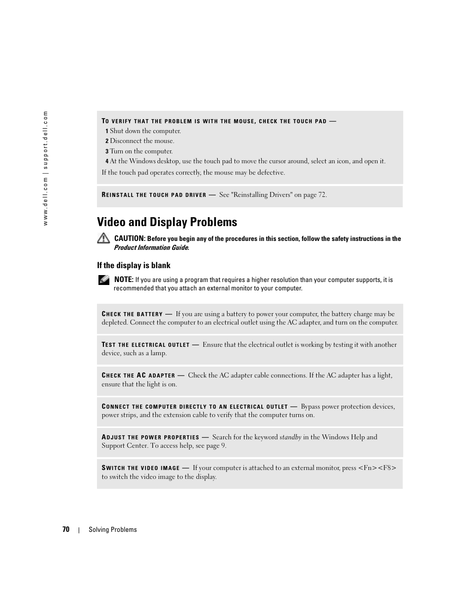 Video and display problems, If the display is blank | Dell Inspiron 9300 User Manual | Page 70 / 132