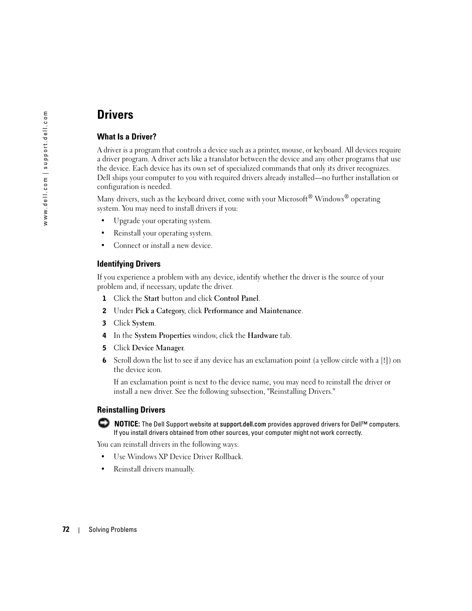 Drivers, What is a driver, Identifying drivers | Reinstalling drivers | Dell Inspiron 9300 User Manual | Page 72 / 132