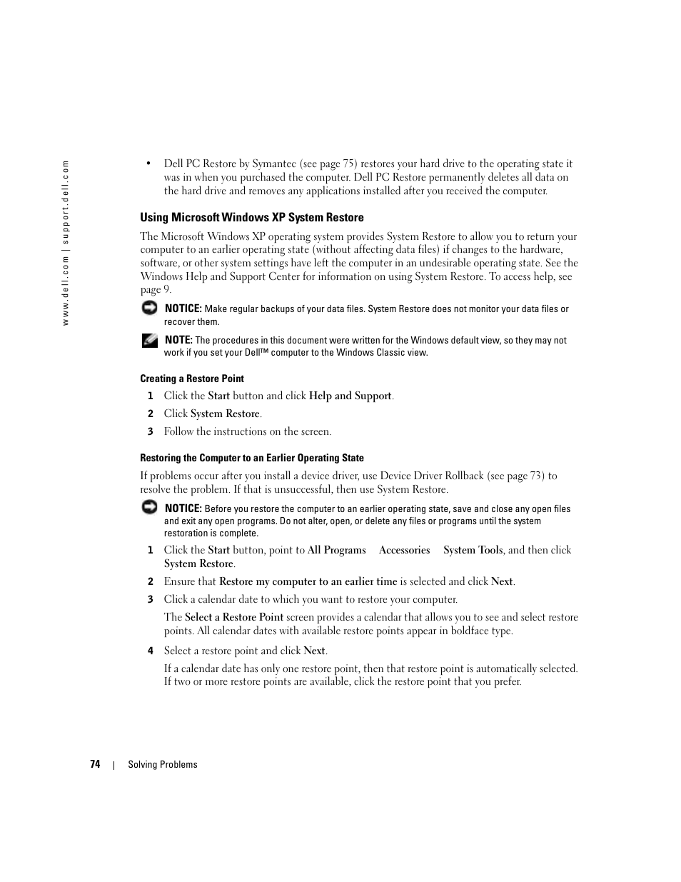 Using microsoft windows xp system restore, Using microsoft | Dell Inspiron 9300 User Manual | Page 74 / 132