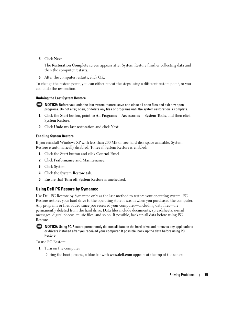 Using dell pc restore by symantec | Dell Inspiron 9300 User Manual | Page 75 / 132